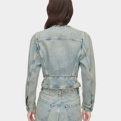 Tasoni Maison Margiela ice blue distressed denim V-neck sports jacket with raw hem detail.