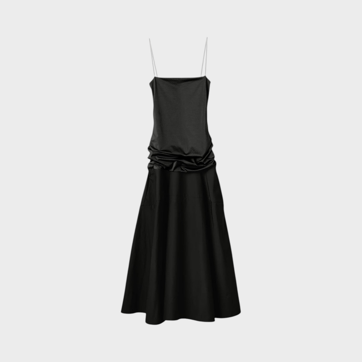Tasoni Jacquemus La Robe Paradiso black midi dress with thin spaghetti straps and a gathered waist detail.