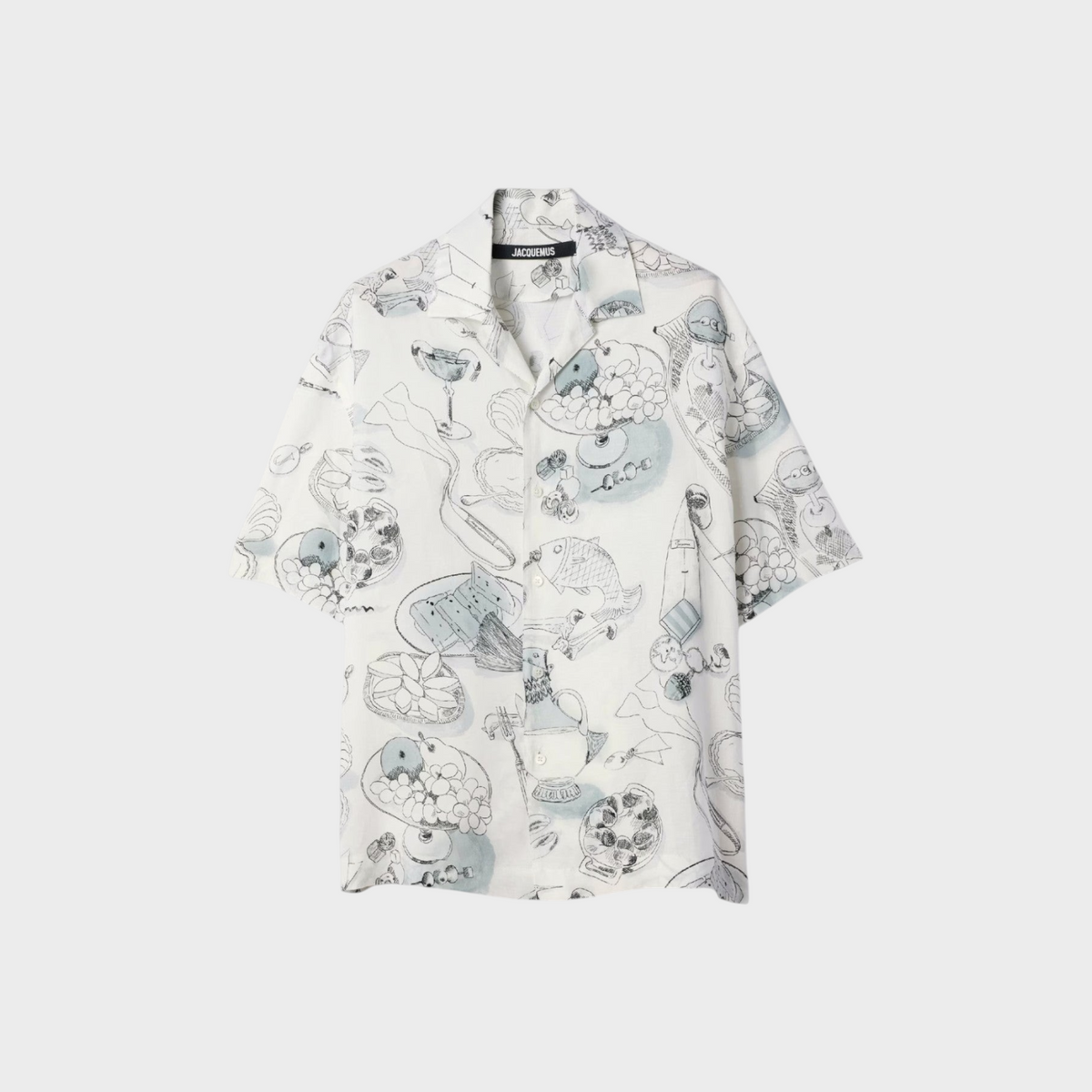 Tasoni Jacquemus La Chemise Cocktail shirt in white with a whimsical blue and black food and drink sketch print.