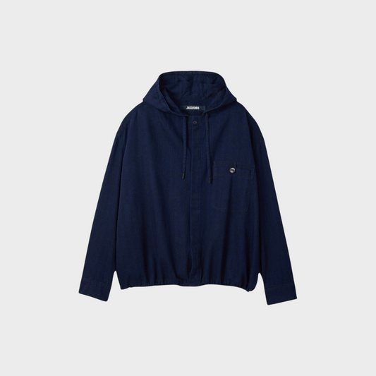Tasoni Jacquemus dark blue denim hooded jacket with a front chest pocket and drawstring hem