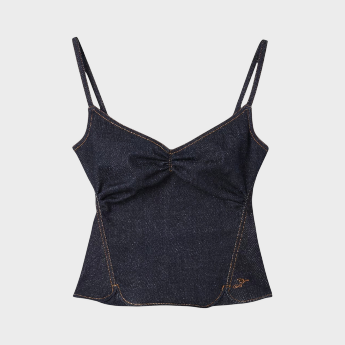 Tasoni Jacquemus Le Haut De-Nimes dark blue denim tank top with thin straps and gathered bust detail