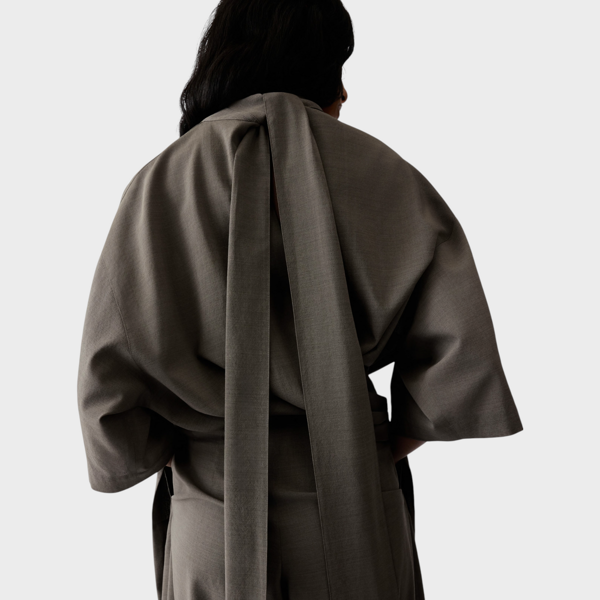 Tasoni Jacquemus La Blouse Havana draped fluid top in dark grey with wide sleeves and back tie detail