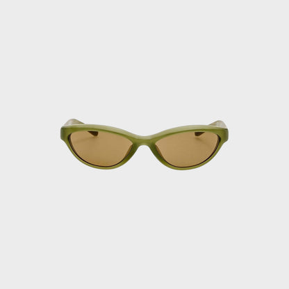 Tasoni Jacquemus Les Lunettes Curvo sunglasses in dark green matt with brown lenses and a curved frame.