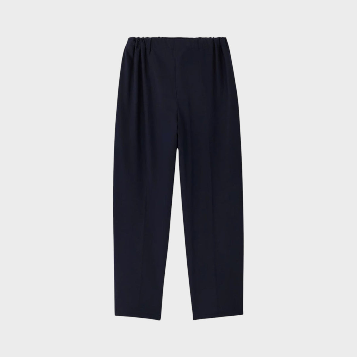 Tasoni Jacquemus Le Pantalon Gio navy wool blend trousers with a flat front, tapered leg, and elasticated waist.