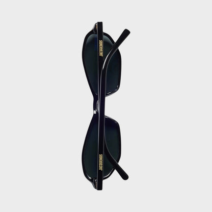 Tasoni Jacquemus Les Lunettes Jac226 black acetate sunglasses with dark lenses and gold logo detail on arms.