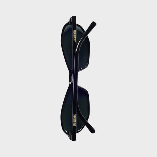 Tasoni Jacquemus Les Lunettes Jac226 black acetate sunglasses with dark lenses and gold logo detail on arms.