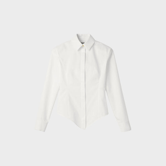 Tasoni Jacquemus white cotton poplin shirt with an asymmetric hem and structured tailored fit.