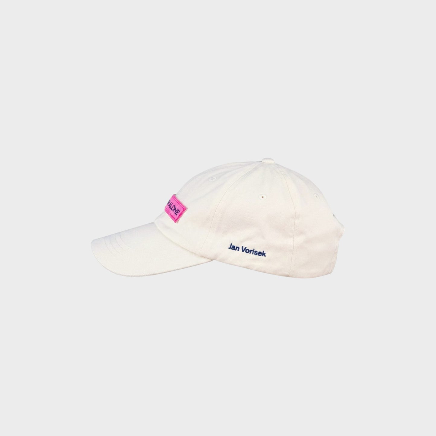 Tasoni x Jan Vorisek white baseball cap with pink patch and embroidered text
