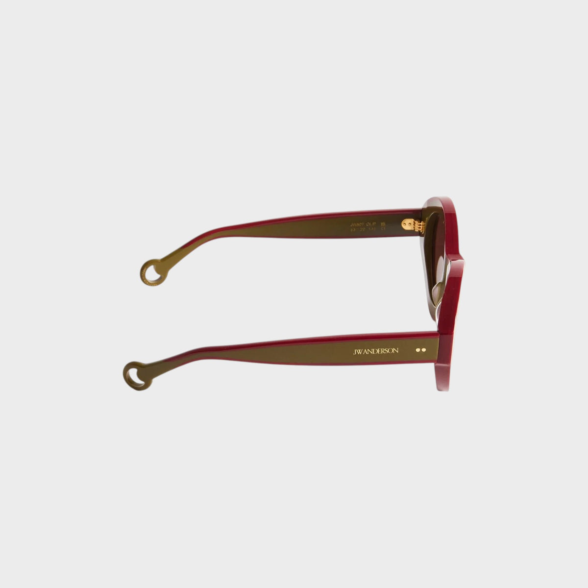 Tasoni J.W.Anderson Bumper sunglasses in khaki and bordeaux with unique loop temple tips and gold logo detailing.