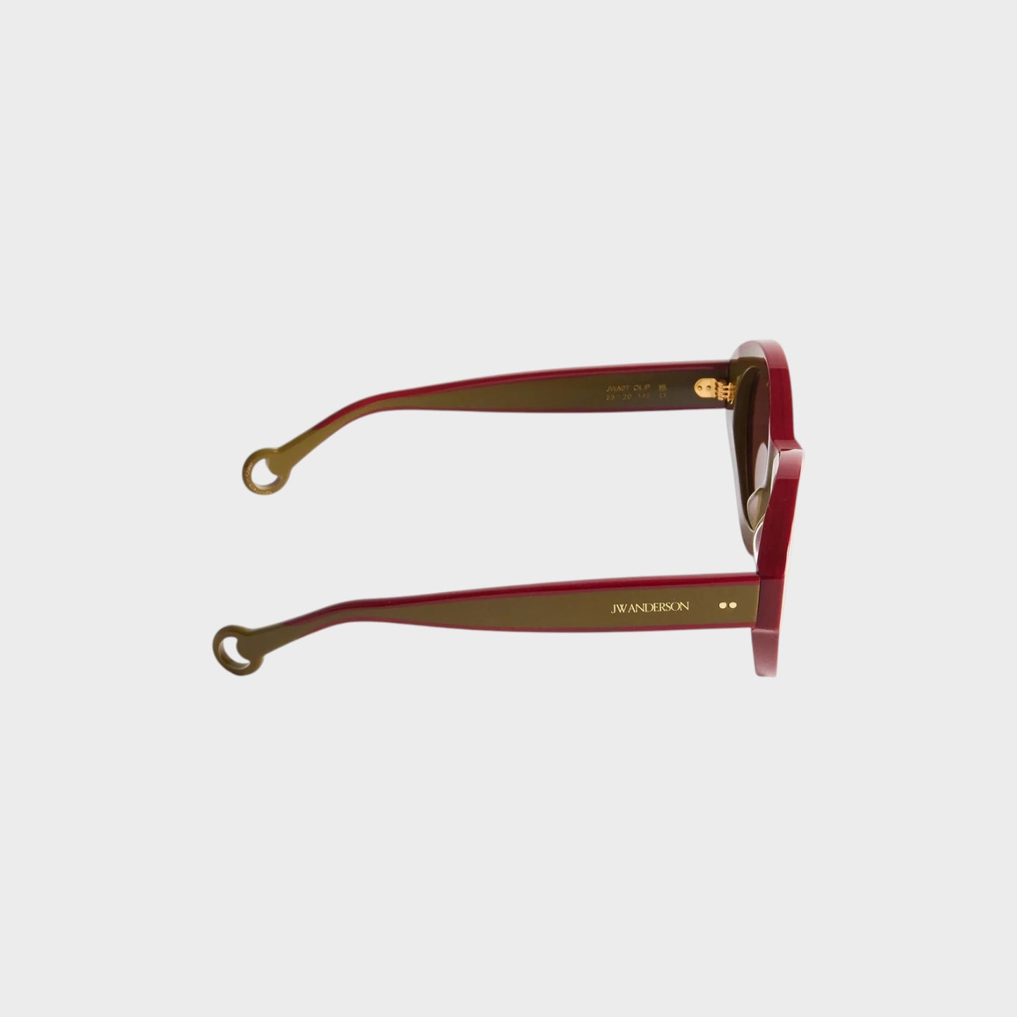 Tasoni J.W.Anderson Bumper sunglasses in khaki and bordeaux with unique loop temple tips and gold logo detailing.