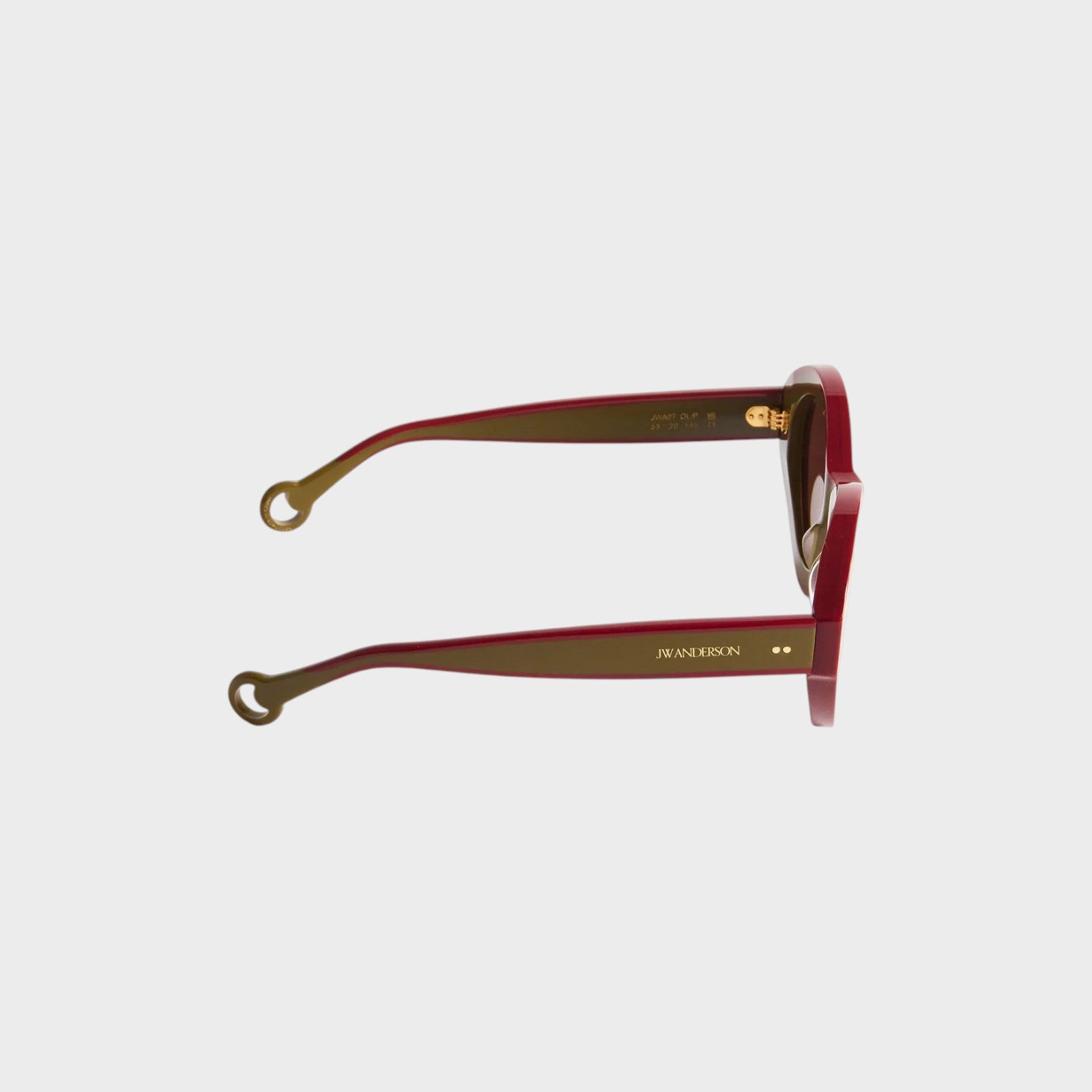 Tasoni J.W.Anderson Bumper sunglasses in khaki and bordeaux with unique loop temple tips and gold logo detailing.