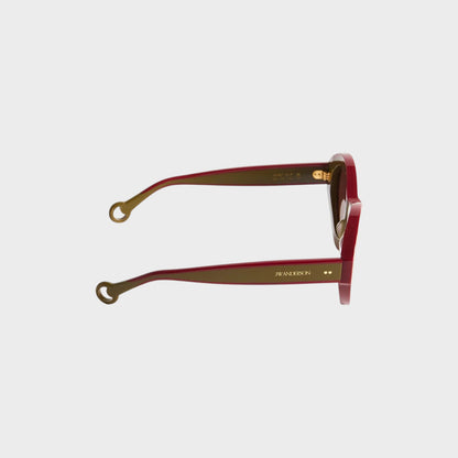 Tasoni J.W.Anderson Bumper sunglasses in khaki and bordeaux with unique loop temple tips and gold logo detailing.