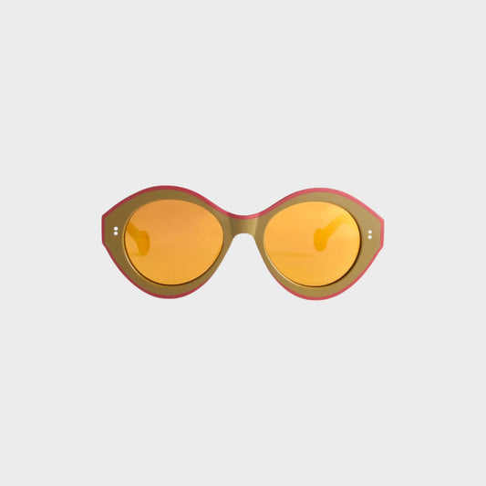 Tasoni J.W.Anderson Bumper sunglasses featuring khaki and bordeaux frames with orange mirror lenses.