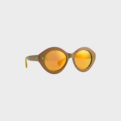 Tasoni J.W.Anderson Bumper sunglasses featuring khaki and bordeaux frames with reflective orange mirror lenses.