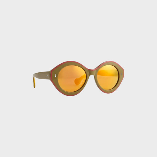 Tasoni J.W.Anderson Bumper sunglasses featuring khaki and bordeaux frames with reflective orange mirror lenses.
