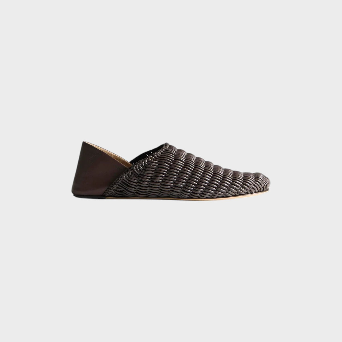 Tasoni JW Anderson dark brown leather slipper mule featuring a woven textured upper and smooth heel panel.
