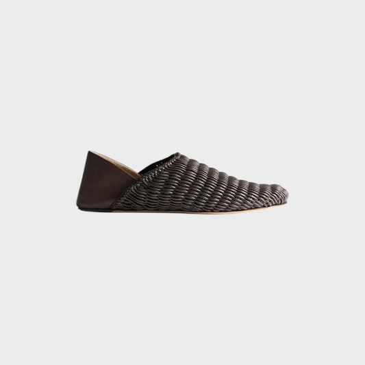 Tasoni JW Anderson dark brown leather slipper mule featuring a woven textured upper and smooth heel panel.
