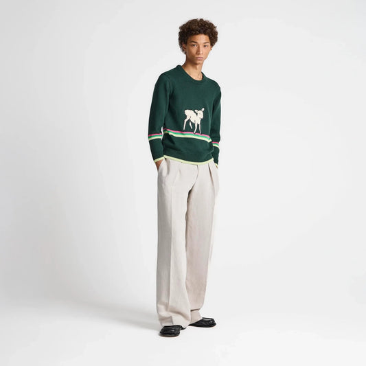 Model wearing a Tasoni JW Anderson green cotton jumper with a sheep graphic and striped hem details.
