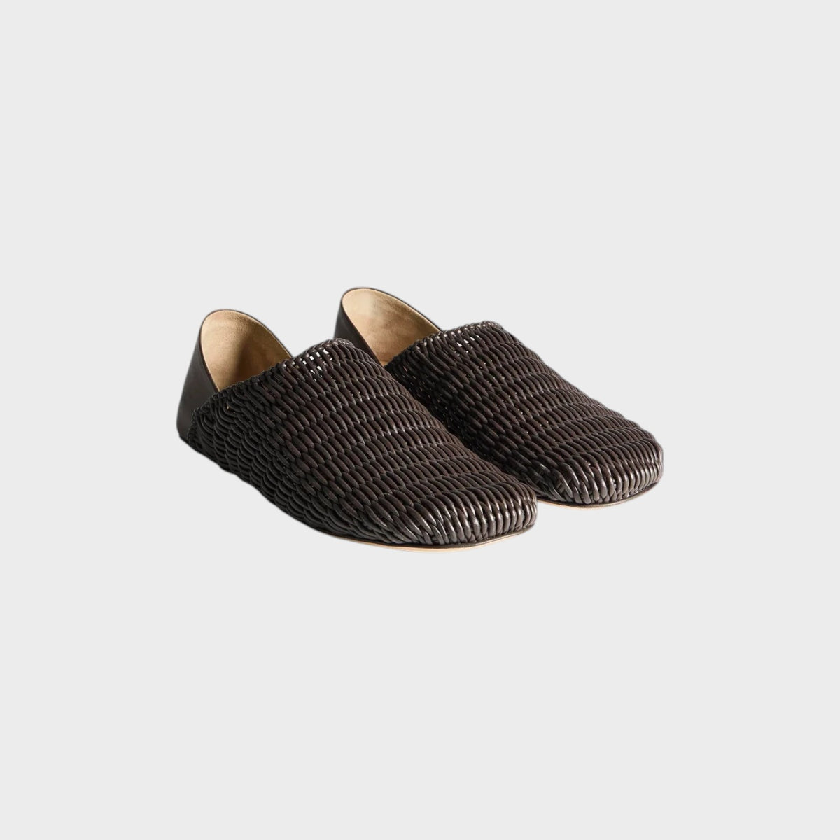 Tasoni JW Anderson dark brown woven leather slipper mules with a minimalist slip-on design.