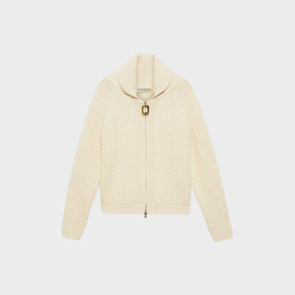 Tasoni J.W.Anderson off-white cotton mix cable knit jumper with a shawl collar and front zip closure.