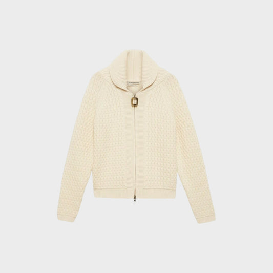 Tasoni J.W.Anderson off-white cotton mix cable knit jumper with a shawl collar and front zip closure.