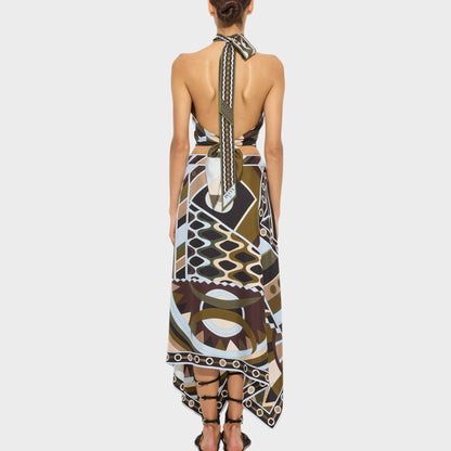 Tasoni Khaki & Blue Vivara Print Silk Scarf Long Skirt with halter neck tie and gladiator sandals