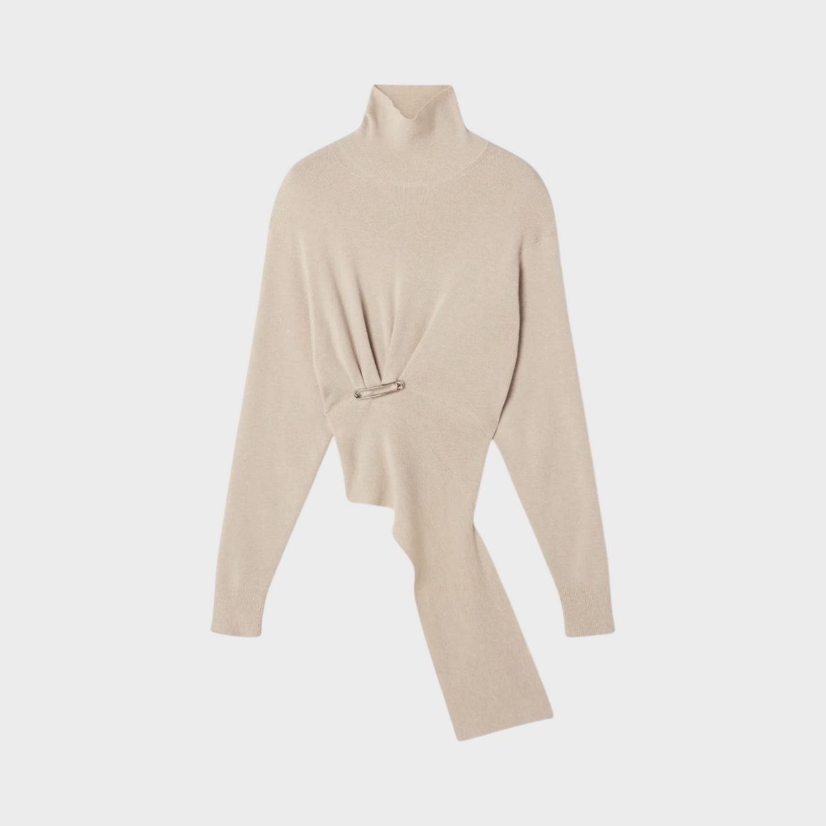 Tasoni Lanvin beige wool and cashmere turtleneck jumper featuring an asymmetrical hem and silver safety pin detail.