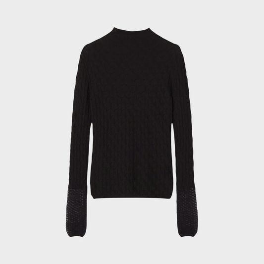 Tasoni Lanvin black wool and mohair jumper with a textured cable knit pattern and detailed cuffs