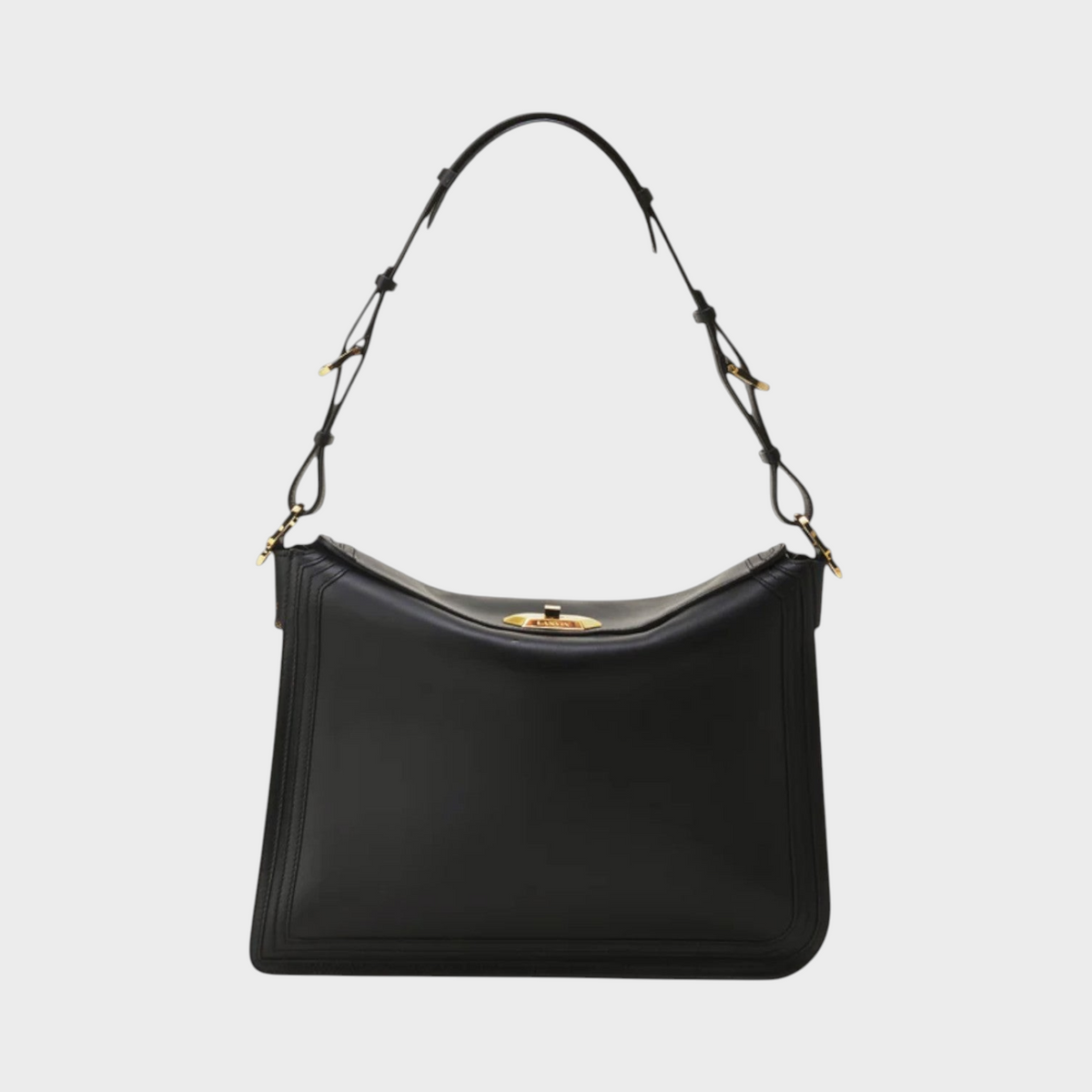 Tasoni Lanvin Compagnon black leather asymmetrical shoulder bag with gold hardware and adjustable strap