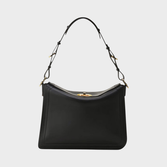 Tasoni Lanvin Compagnon black leather asymmetrical shoulder bag with gold hardware and adjustable strap