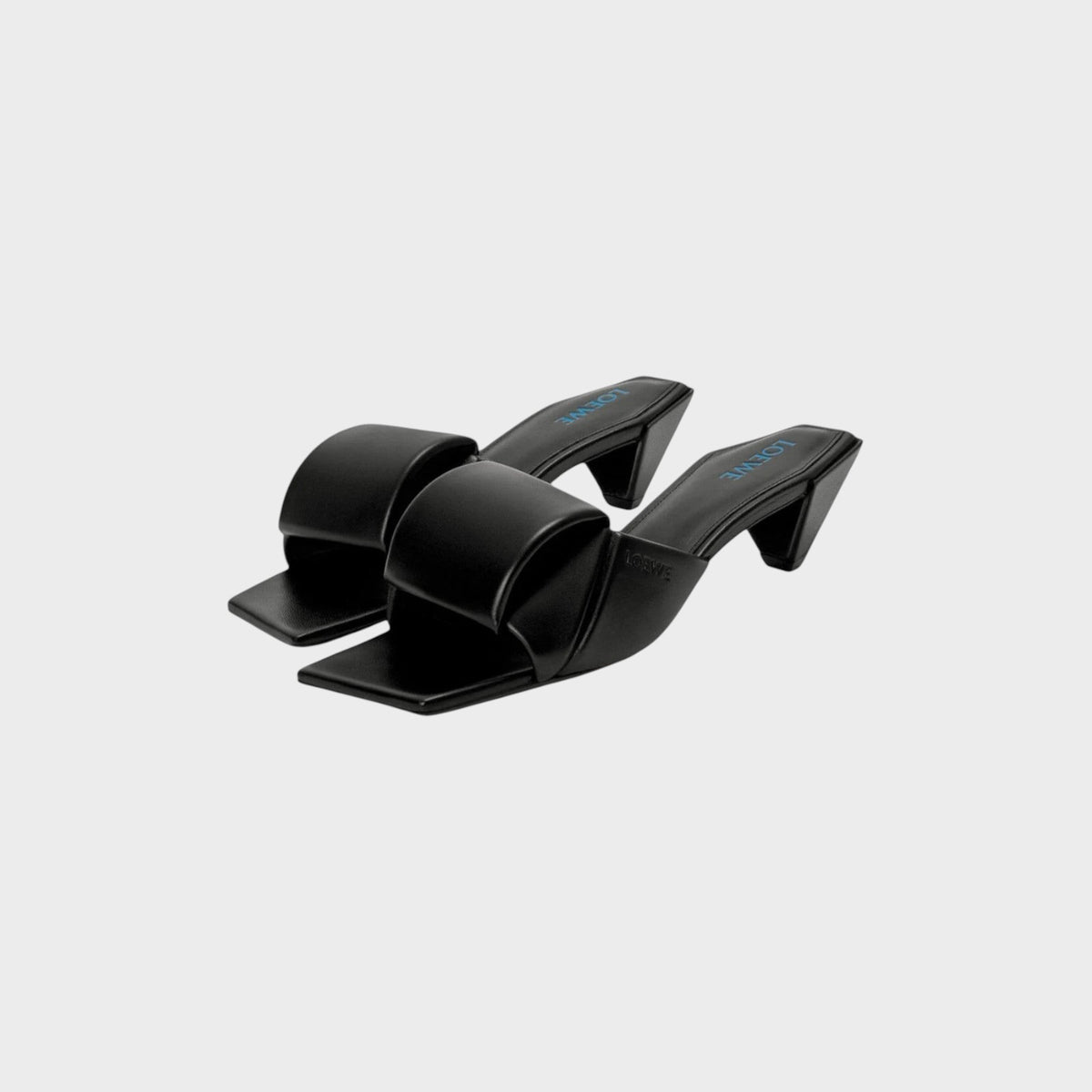 Tasoni Loewe black leather Origami slide heels with a square toe and 45mm sculptural block heel.