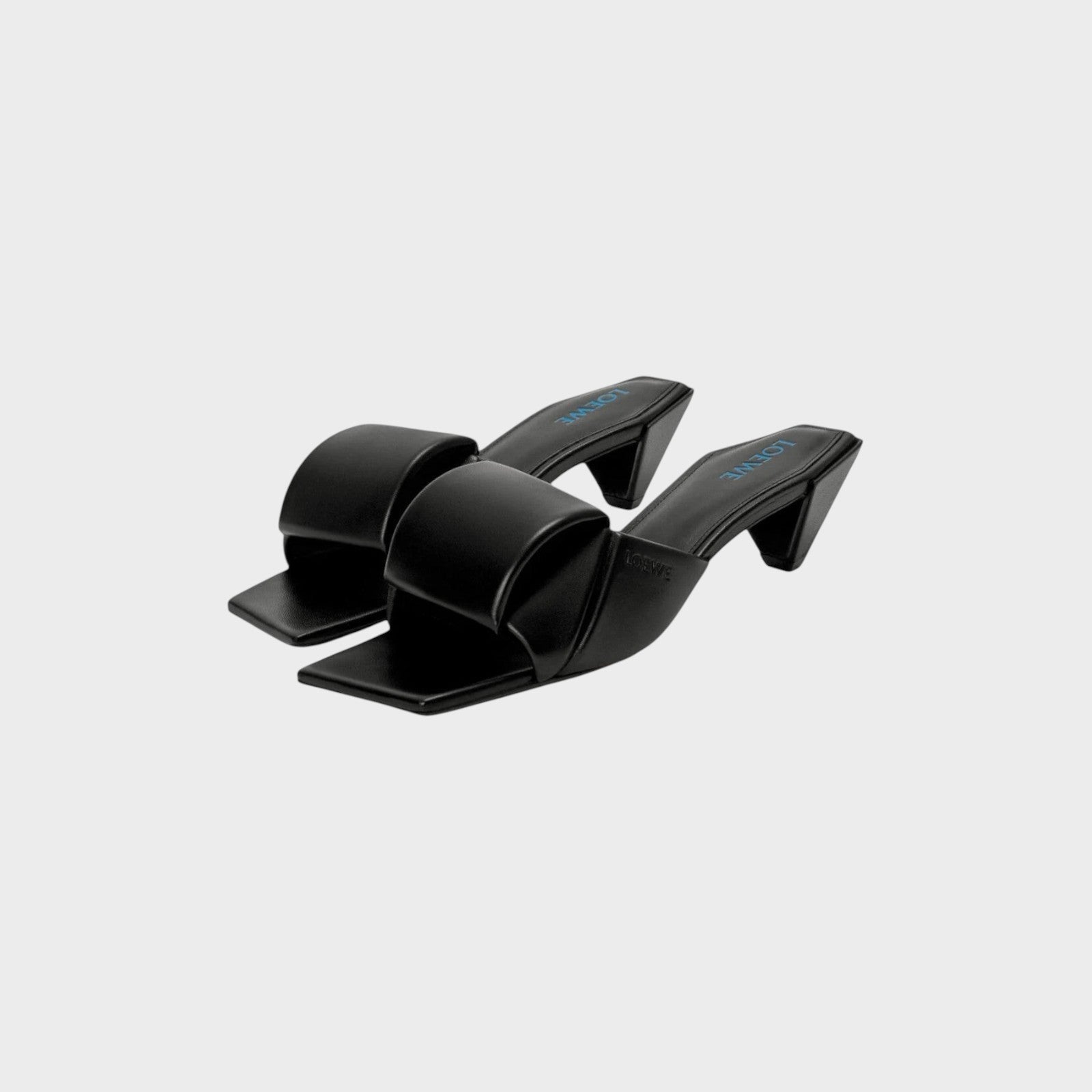 Tasoni Loewe black leather Origami slide heels with a square toe and 45mm sculptural block heel.