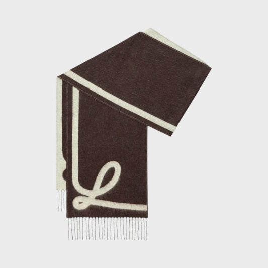 Tasoni Loewe wool and cashmere scarf in brown and cream with a signature jacquard logo pattern and fringed edges.