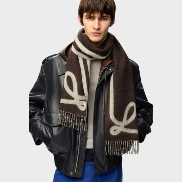 Tasoni Loewe wool and cashmere scarf in brown and yellow with a large jacquard logo pattern and fringed edges.