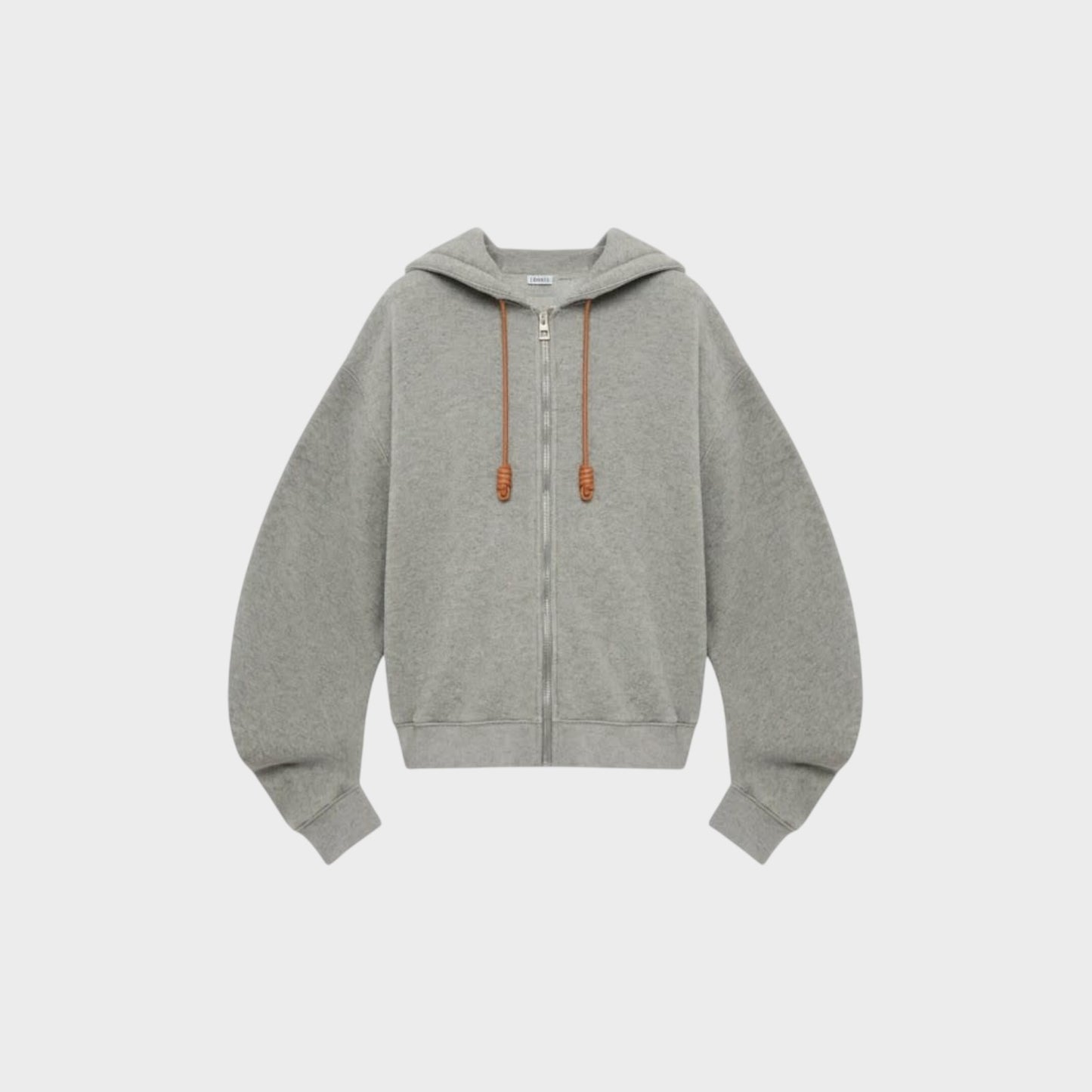 Tasoni Loewe Flamenco grey cashmere zipped hoodie with balloon sleeves and leather drawstring details.