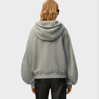 Tasoni Loewe Flamenco grey cashmere zipped hoodie with balloon sleeves and hood.