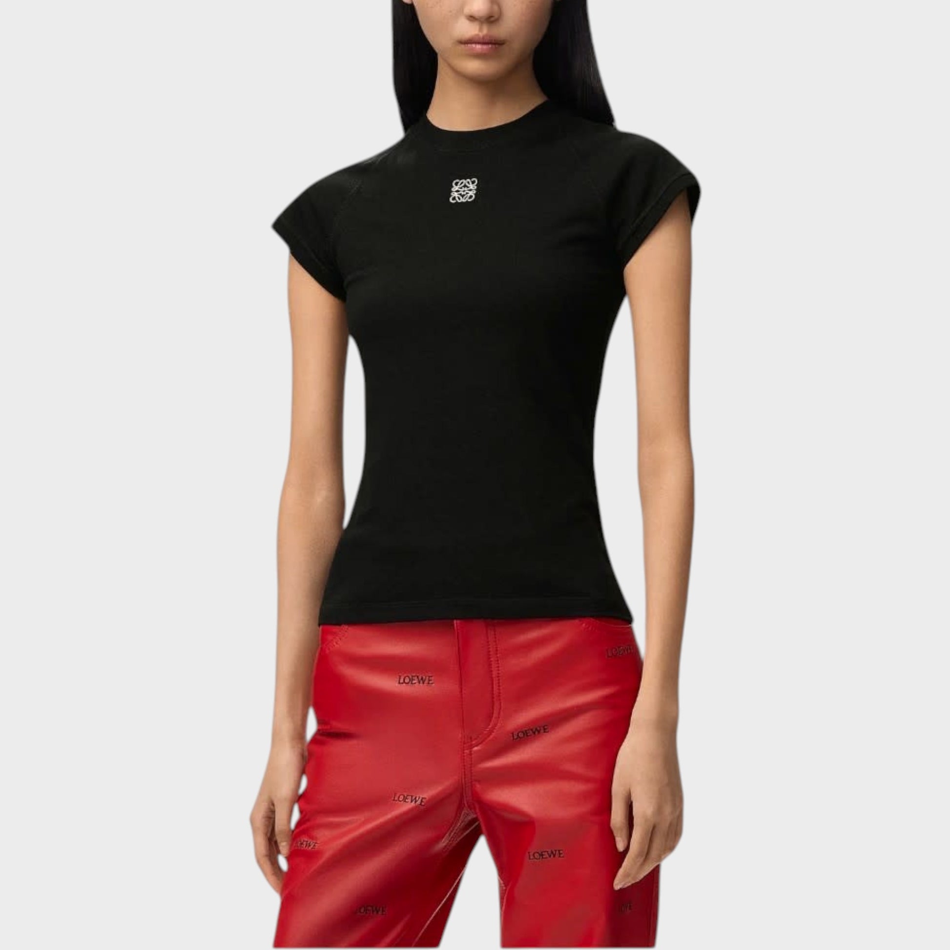 Tasoni black cotton t-shirt with cap sleeves and embroidered Loewe logo on chest.