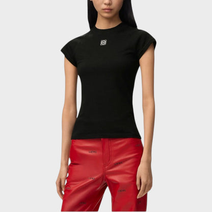 Tasoni black cotton t-shirt with cap sleeves and embroidered Loewe logo on chest.