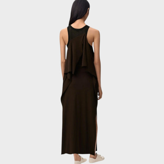 Tasoni Loewe long dress in dark brown with mesh panel detailing and a sleeveless floor-length silhouette