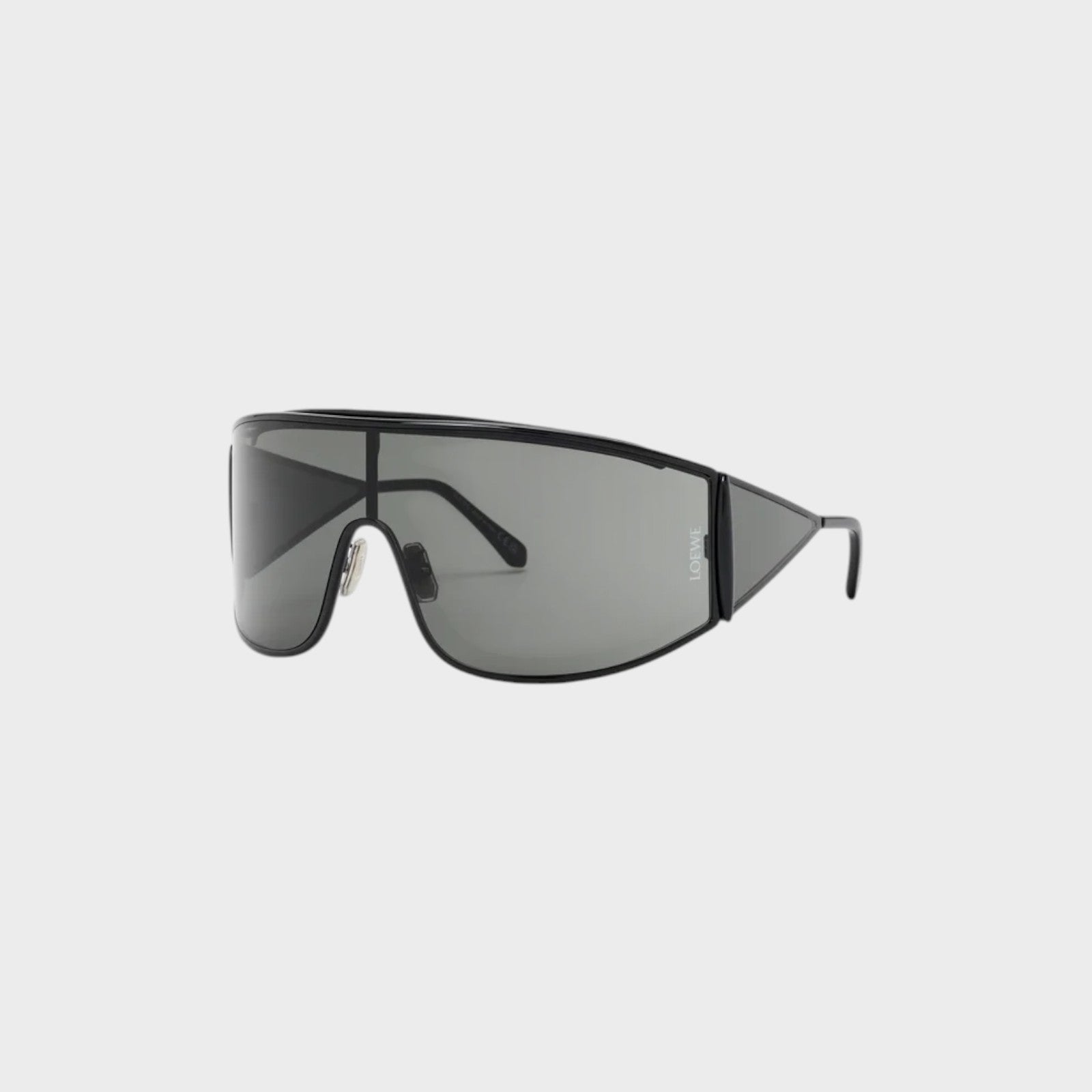 Tasoni Loewe Metal Shield Shaped Sunglasses with grey lenses and black frame.
