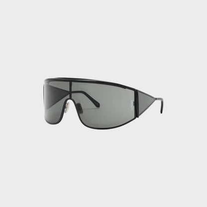 Tasoni Loewe Metal Shield Shaped Sunglasses with grey lenses and black frame.