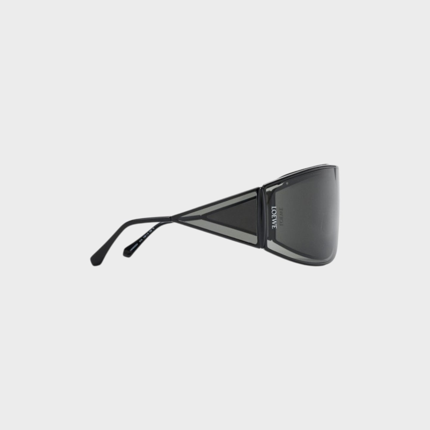 Tasoni Loewe metal shield shaped sunglasses with dark grey lenses and black frames featuring geometric accents.