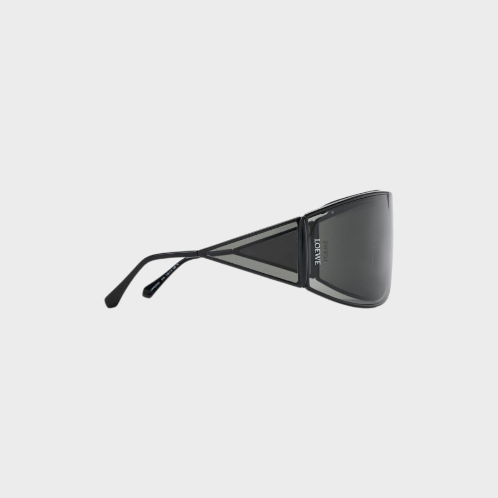 Tasoni Loewe metal shield shaped sunglasses with dark grey lenses and black frames featuring geometric accents.