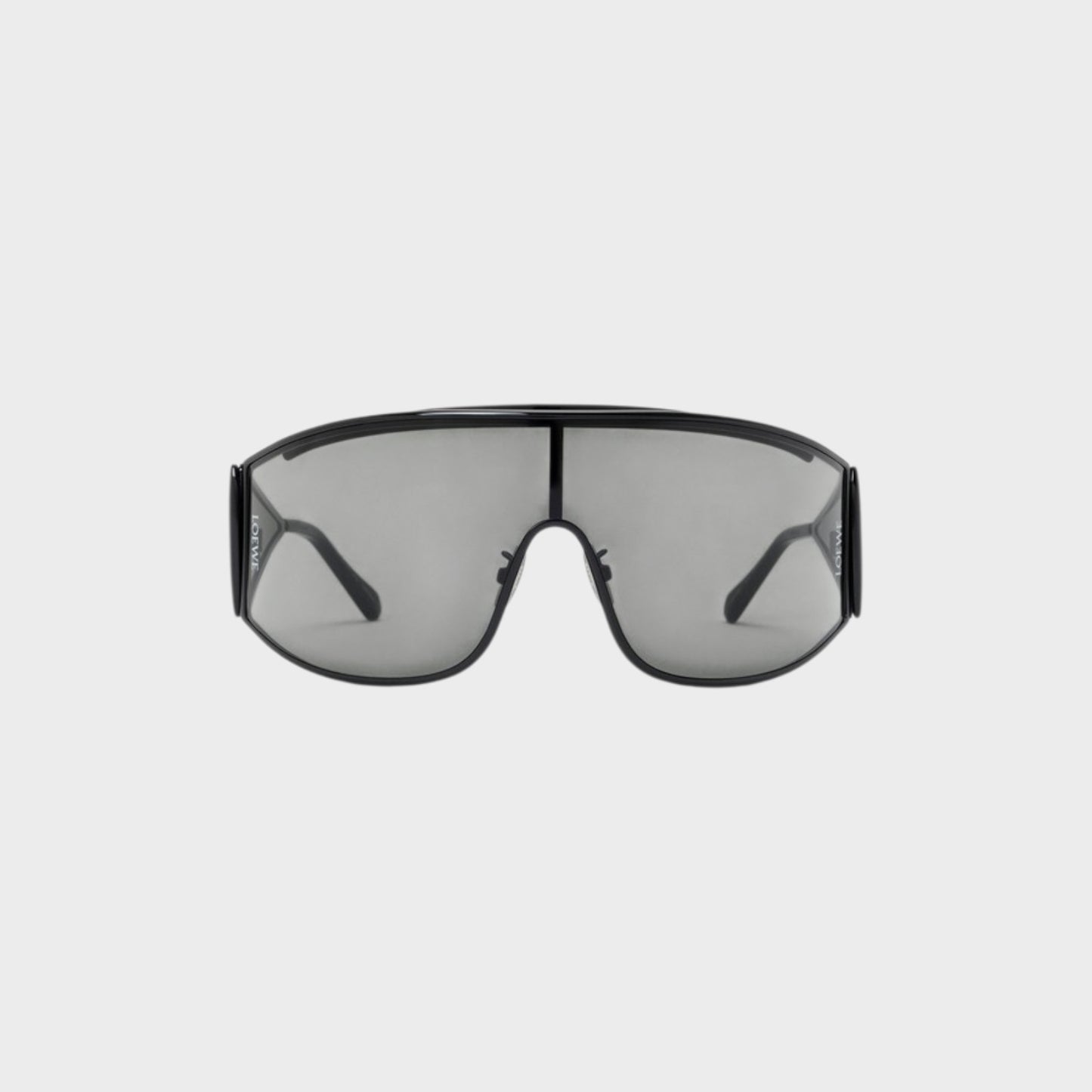 Tasoni Loewe Metal Shield Shaped Sunglasses with black frames and grey lenses.