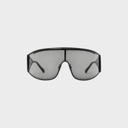 Tasoni Loewe Metal Shield Shaped Sunglasses with black frames and grey lenses.