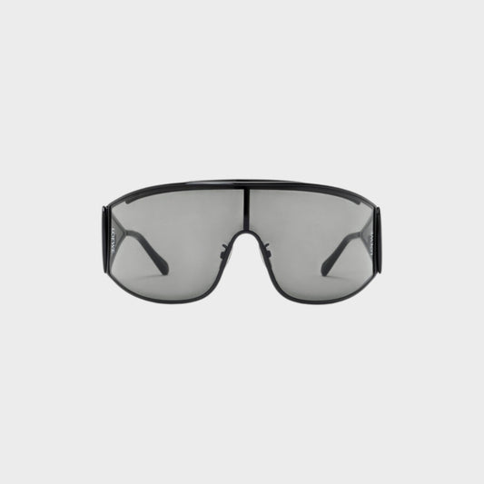 Tasoni Loewe Metal Shield Shaped Sunglasses with black frames and grey lenses.