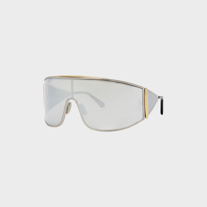 Tasoni Loewe metal shield shaped sunglasses with silver mirrored lenses and gold accents.