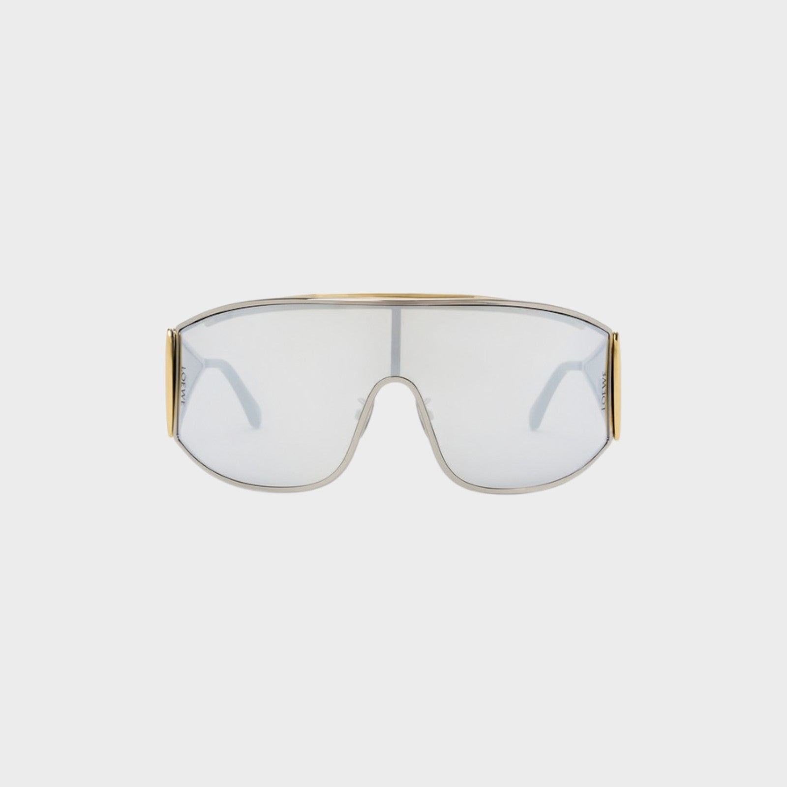 Tasoni Loewe metal shield sunglasses with silver mirrored lenses and gold accents.