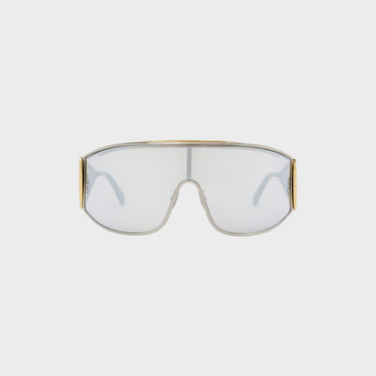 Tasoni Loewe metal shield sunglasses with silver mirrored lenses and gold accents.