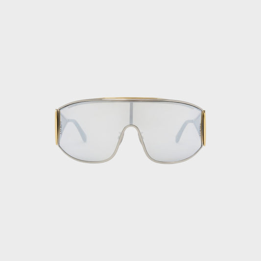 Tasoni Loewe metal shield sunglasses with silver mirrored lenses and gold accents.